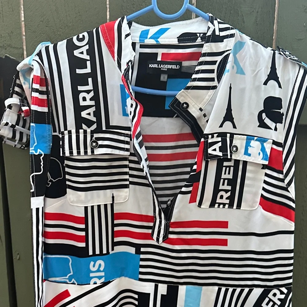 Karl Lagerfeld Black White Red Blue Graphic Panel Dress - Picture 7 of 11